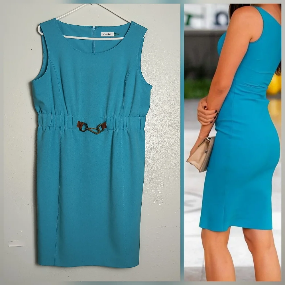 Calvin Klein Sheath Dress Women's Size 14 Turquoise Blue Knee Length